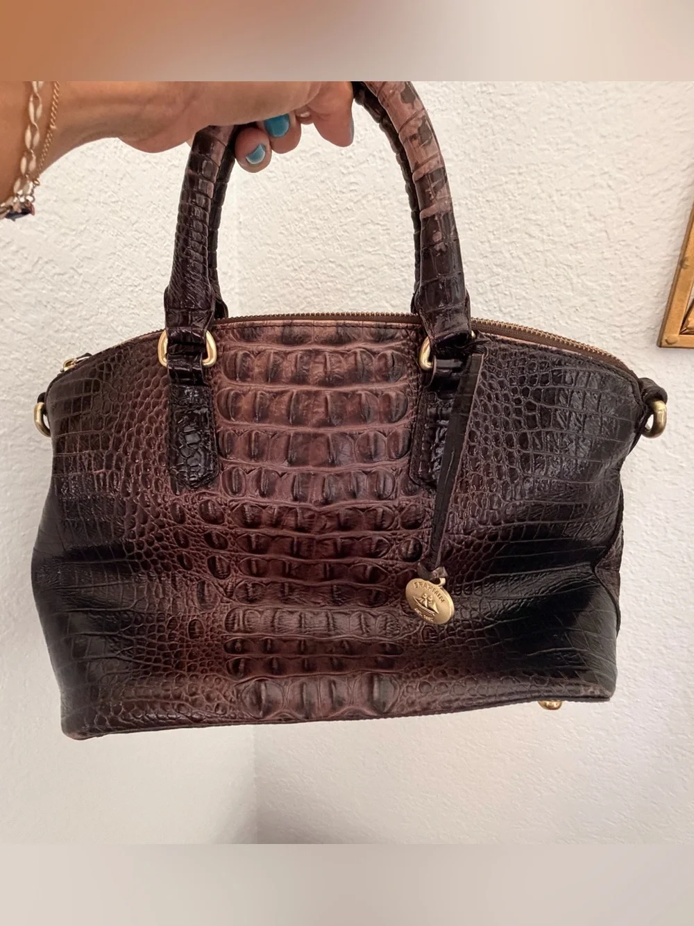 Brahmin Brown Duxbury Croc-Embossed Satchel with Gold Hardware